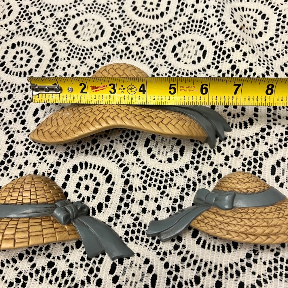 Vintage Homco Straw Wicker Hat Blue Bow Wall Plaques | Set of 3 | Cottage - Picture 6 of 11